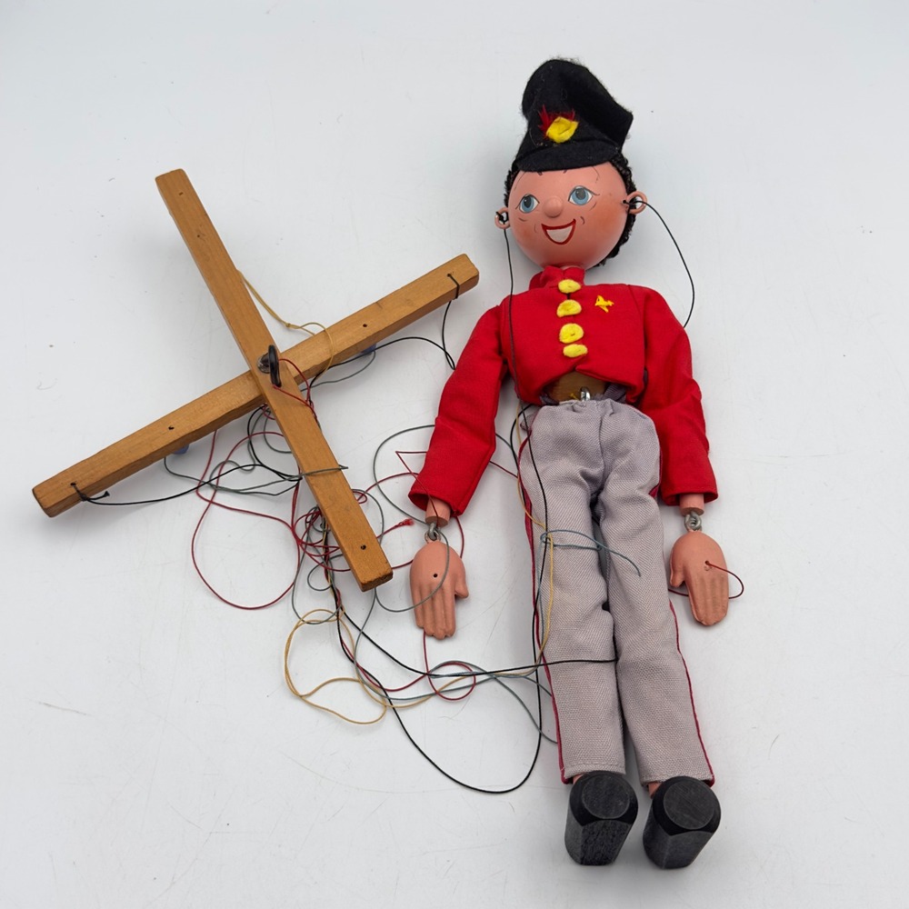 Vintage Pelham Toy Soldier Marionette Puppet Red Grey Wood Mid Century 12 Inch